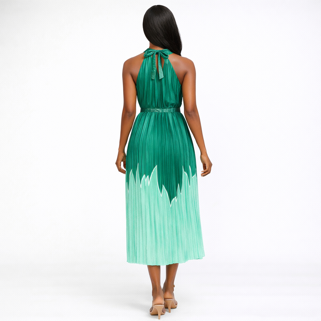 Quality Women Green Pleated Halter Midi Dress