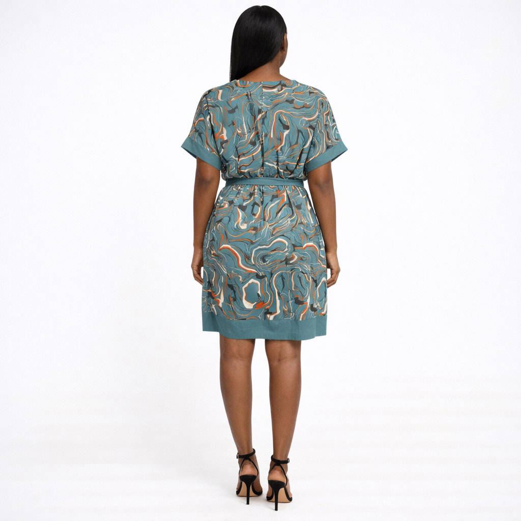 Womens Abstract Print Short Sleeve Belted Dress