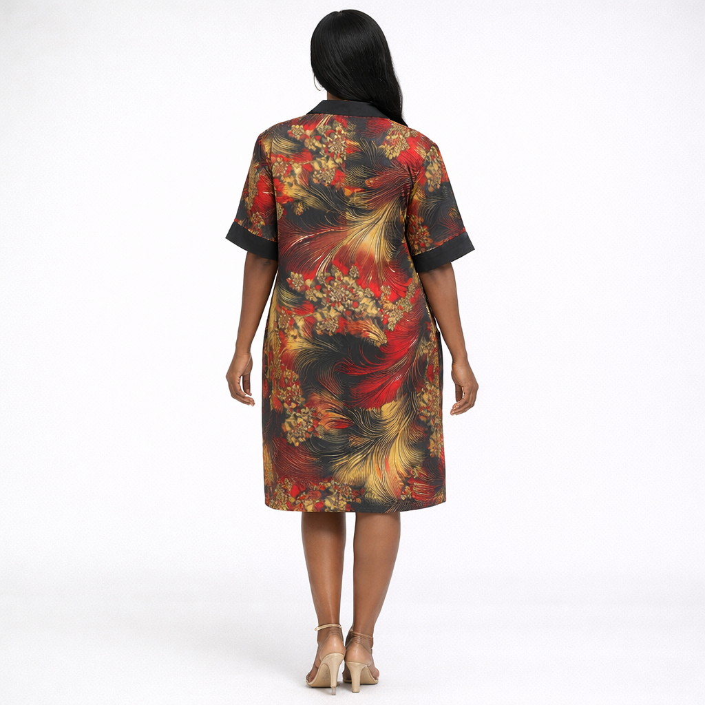 Womens Abstract Print V Neck Kaftan Dress with Pockets