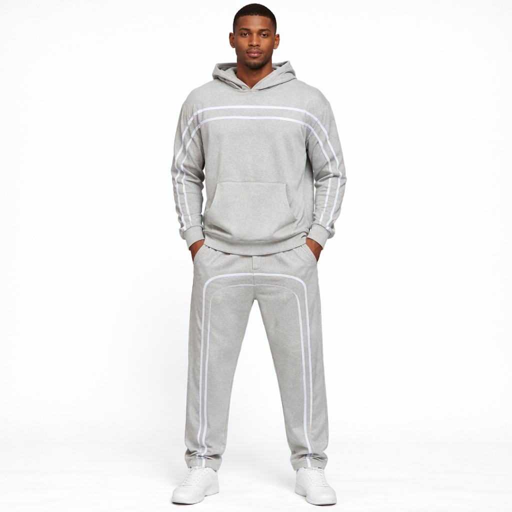 Quality Men Grey Hooded Tracksuit Set with Contrast Tape Detail