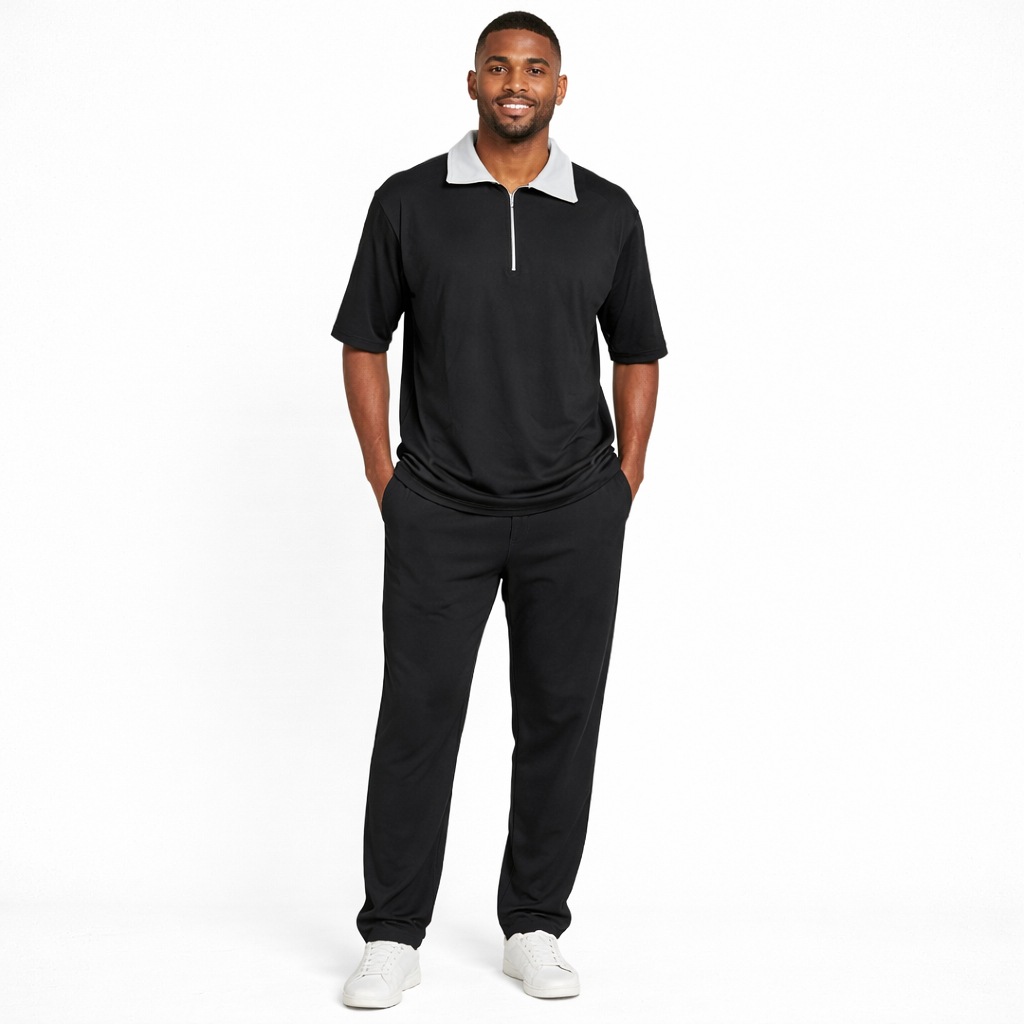 Mens Black Short Sleeve Zip Collar Two Piece Set