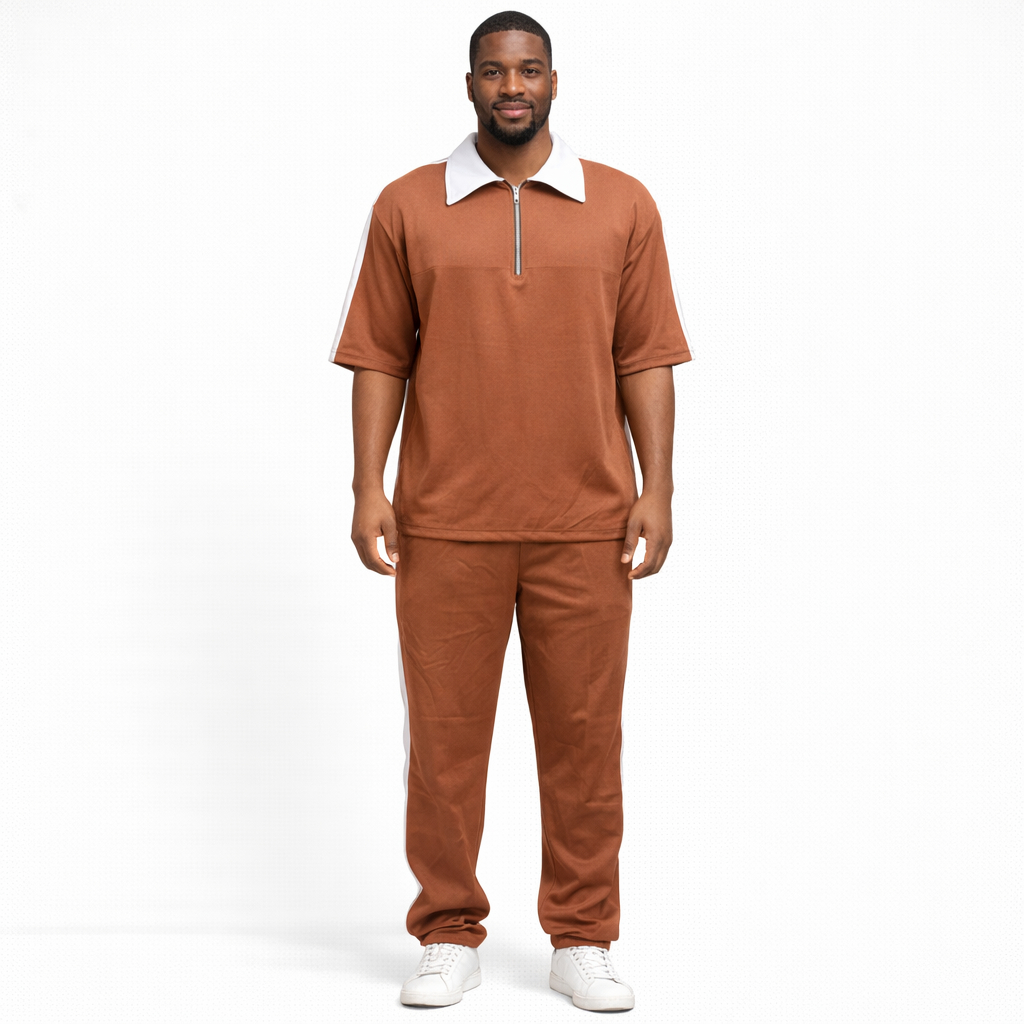 Men Brown Two Piece Zip Collar Lounge Set