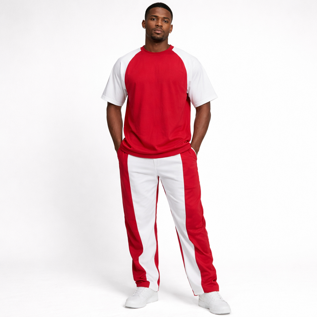 Red and White Color Block Two Piece Lounge Set for Men