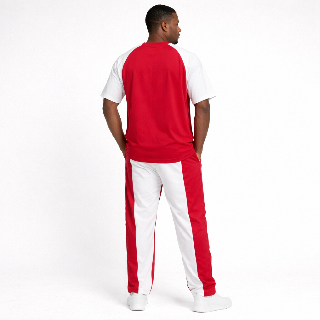 Red and White Color Block Two Piece Lounge Set for Men