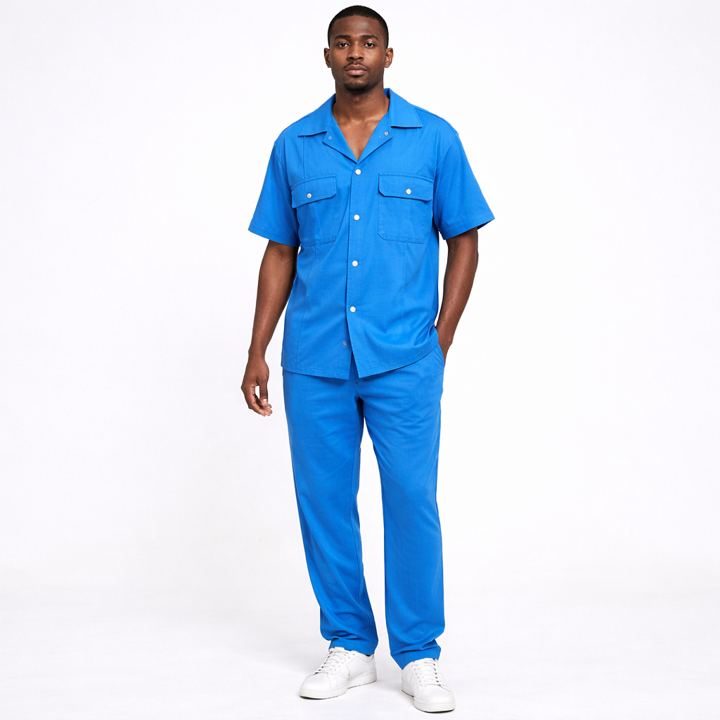 Classy Men Blue Short Sleeve Button Down Lounge Set