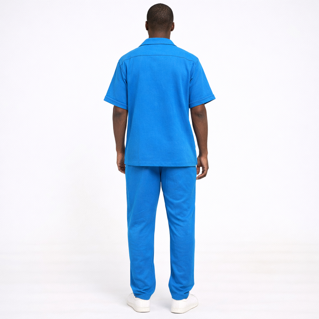 Classy Men Blue Short Sleeve Button Down Lounge Set