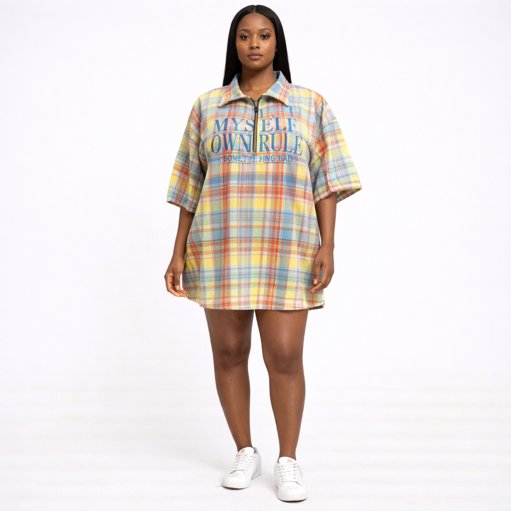 Quality Women Plaid Half Zip Short Sleeve Casual Top