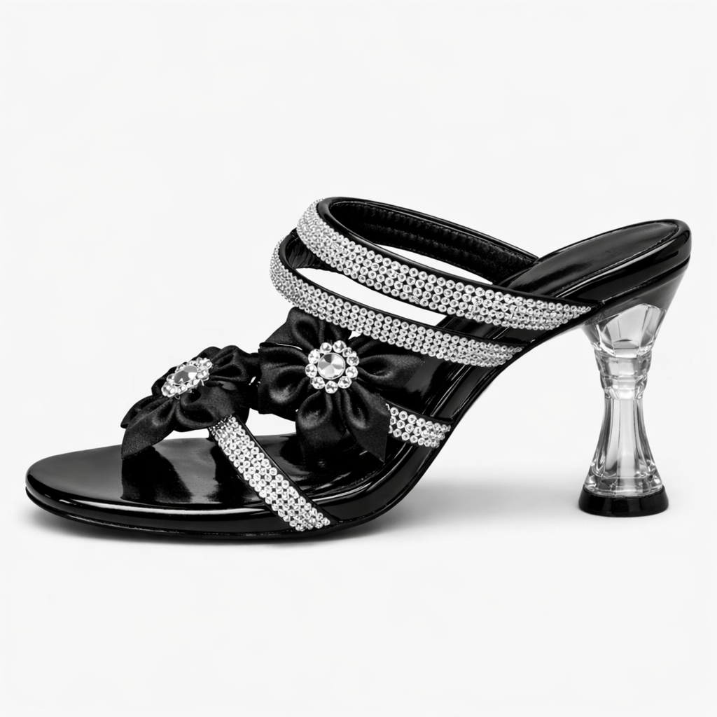Black Floral Embellished Multi Strap Flat Sandals