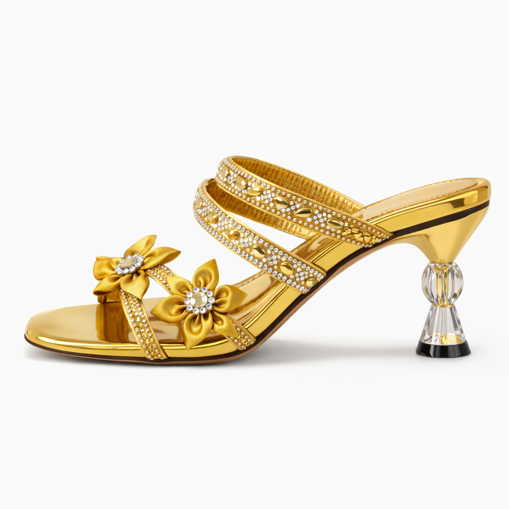 Metallic Gold Floral Embellished Multi Strap Flat Sandals