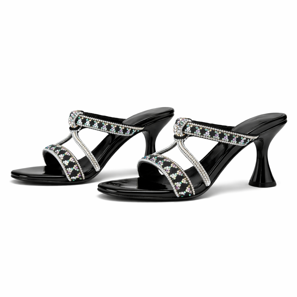 Black Rhinestone MultiStrap Square Toe Flat Sandals