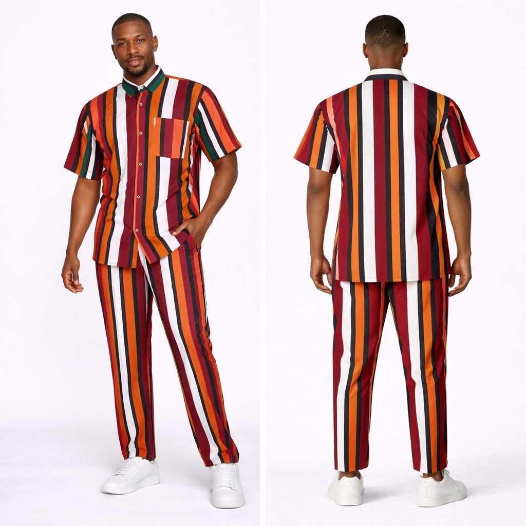 Mens Vertical Stripe Short Sleeve Shirt and Trousers Set
