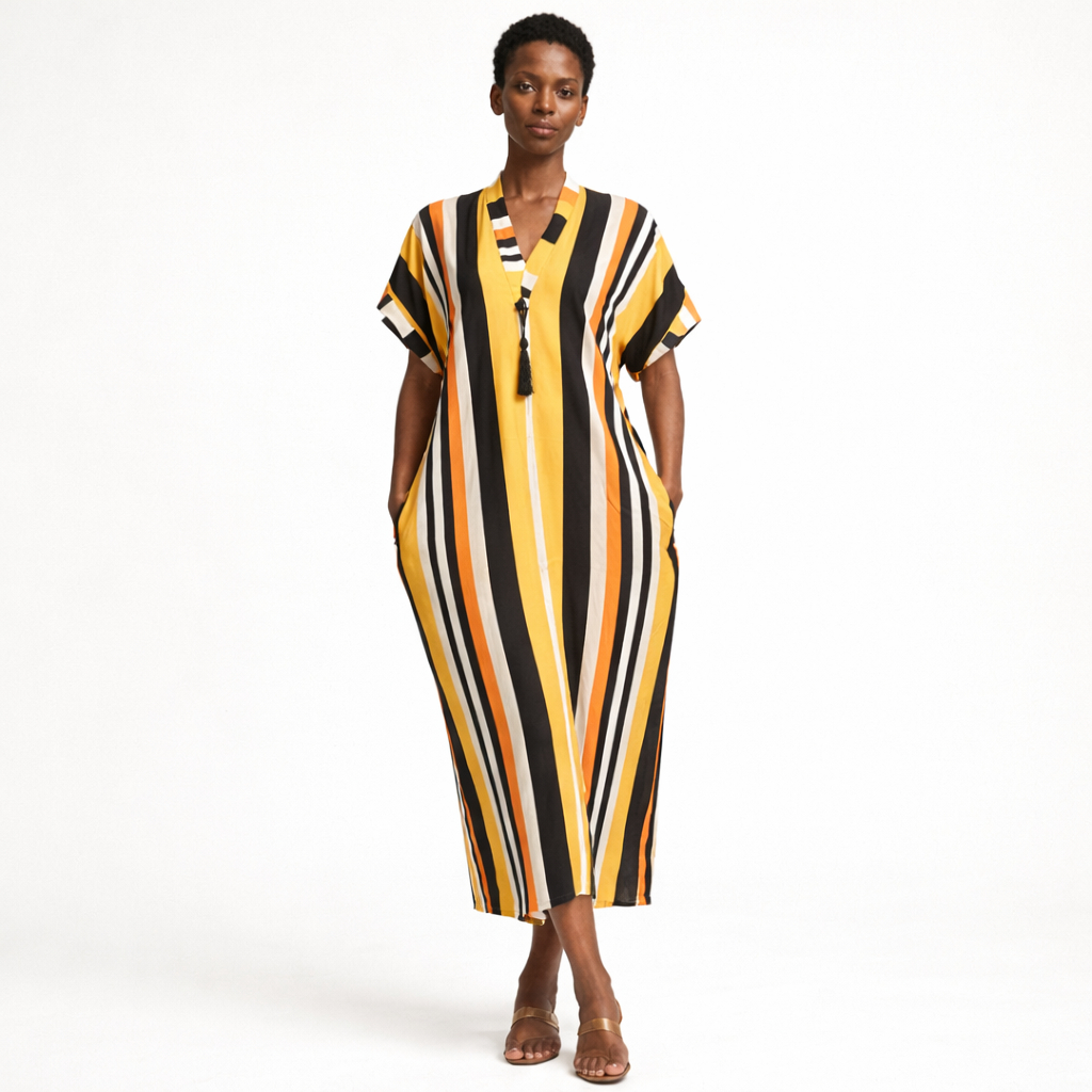 Striped V Neck Kaftan Maxi Dress