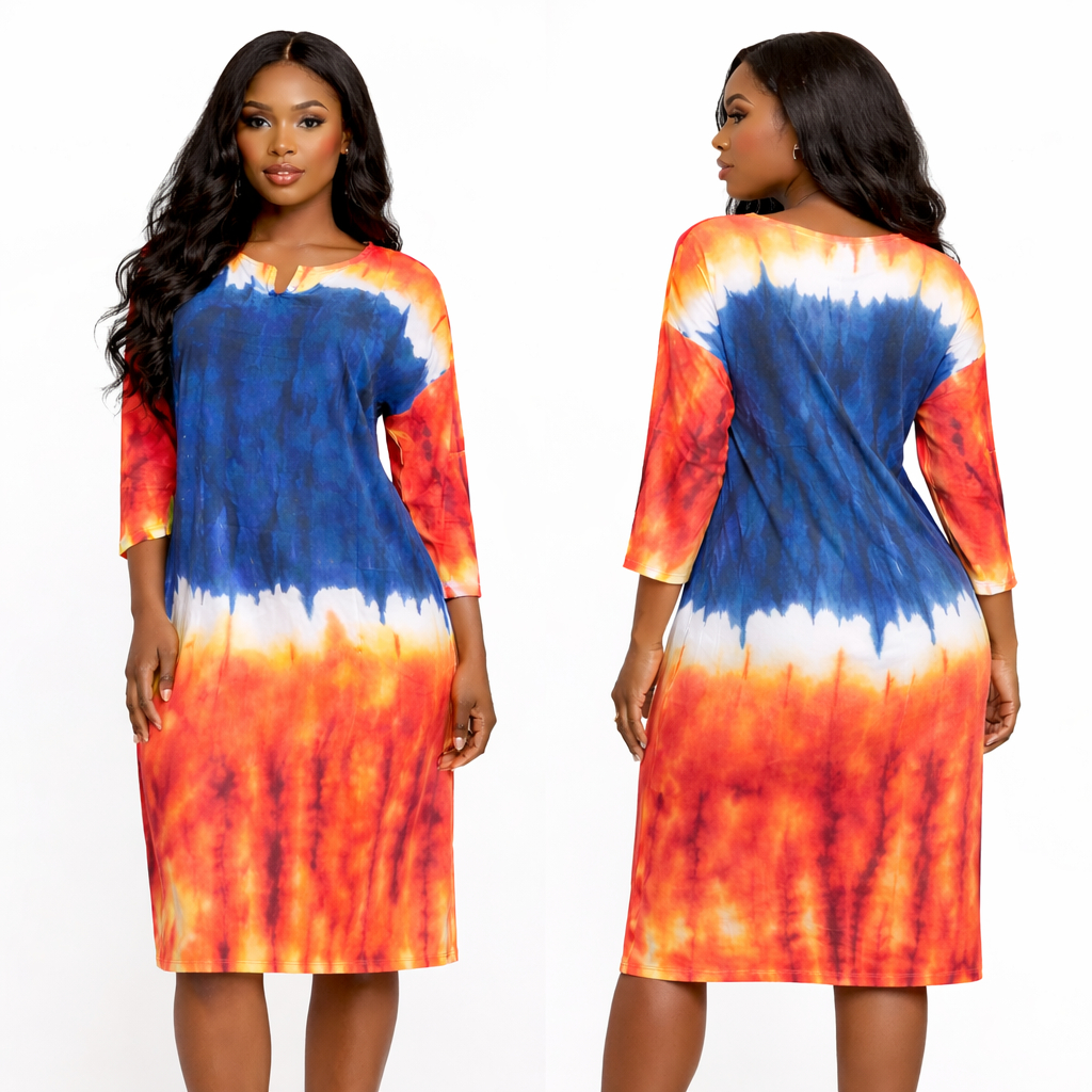 Tie Dye Long Sleeve Knee Length Dress