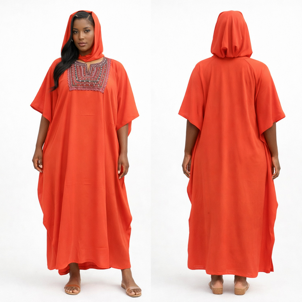 Embroidered Neckline Maxi Kaftan Dress with Head Tie details