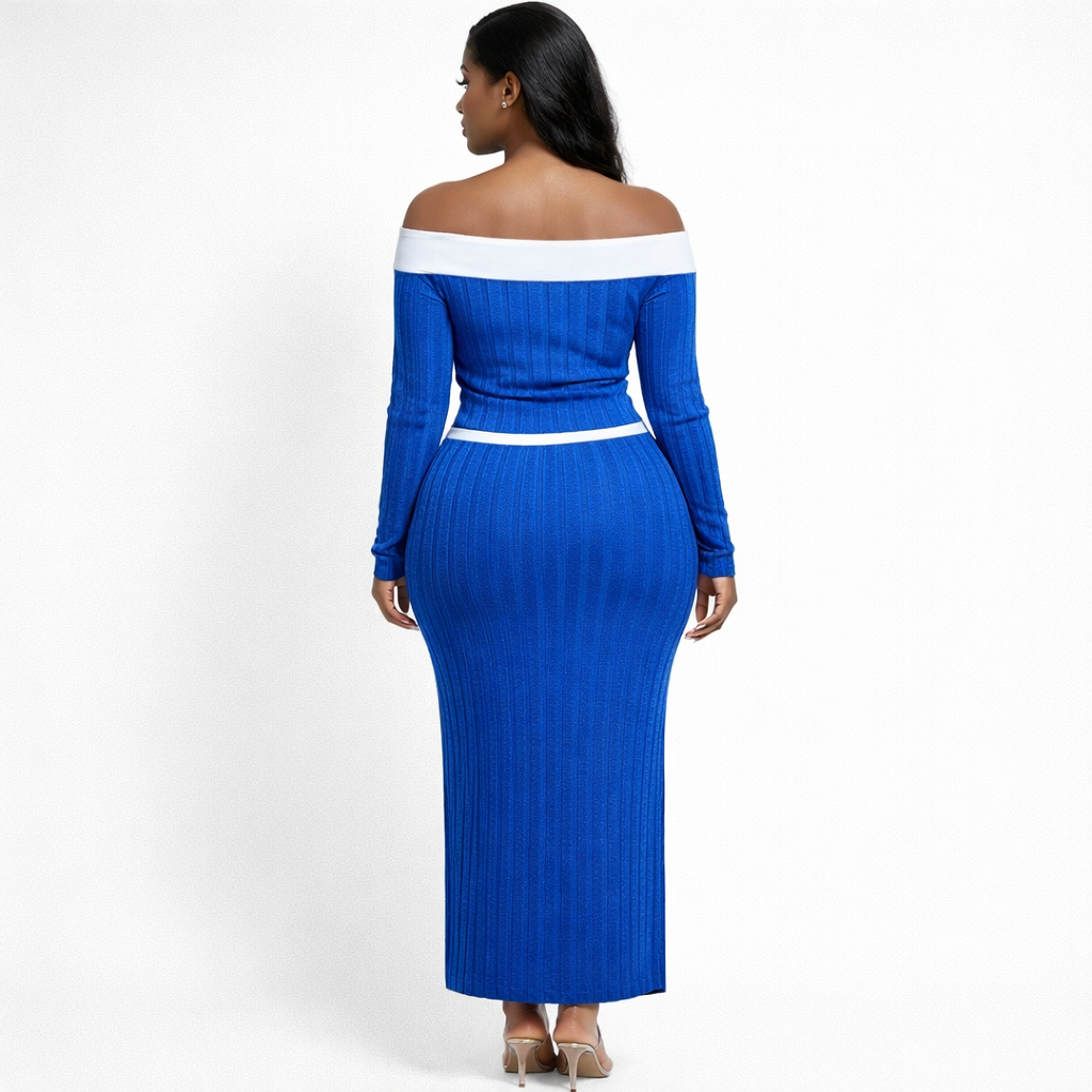 Royal Blue Off Shoulder Ribbed Two piece Skirt Set