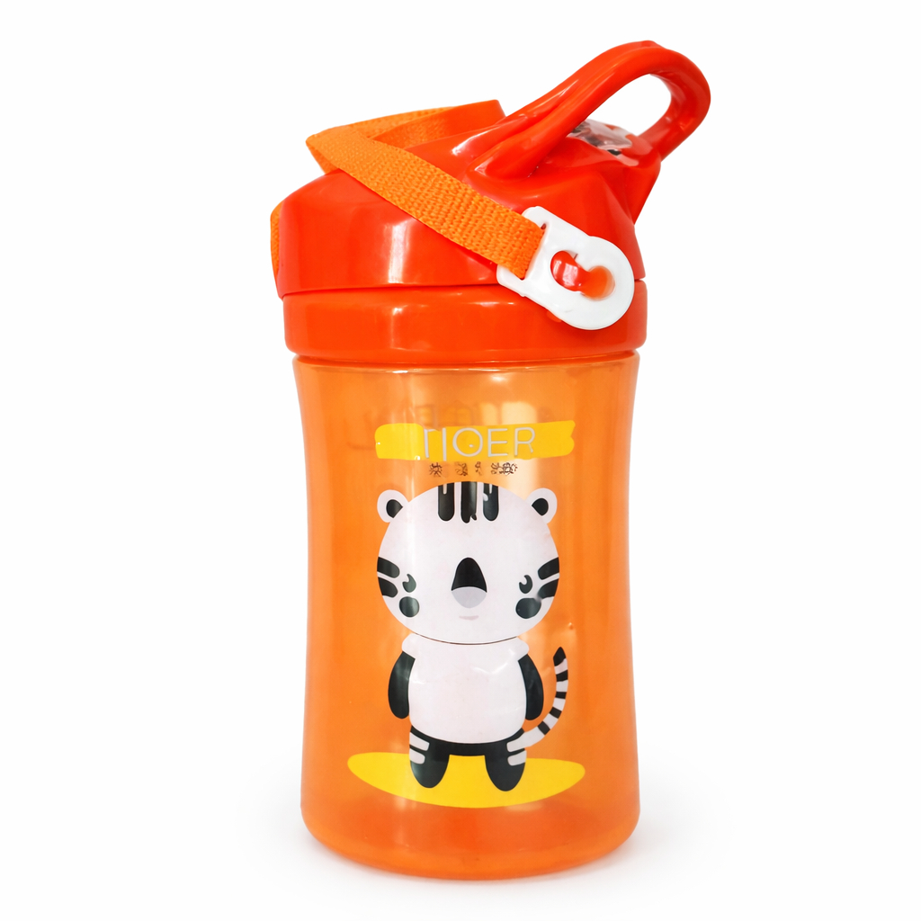 Orange Kids Water Bottle with Cartoon Tiger Design and Carry Strap