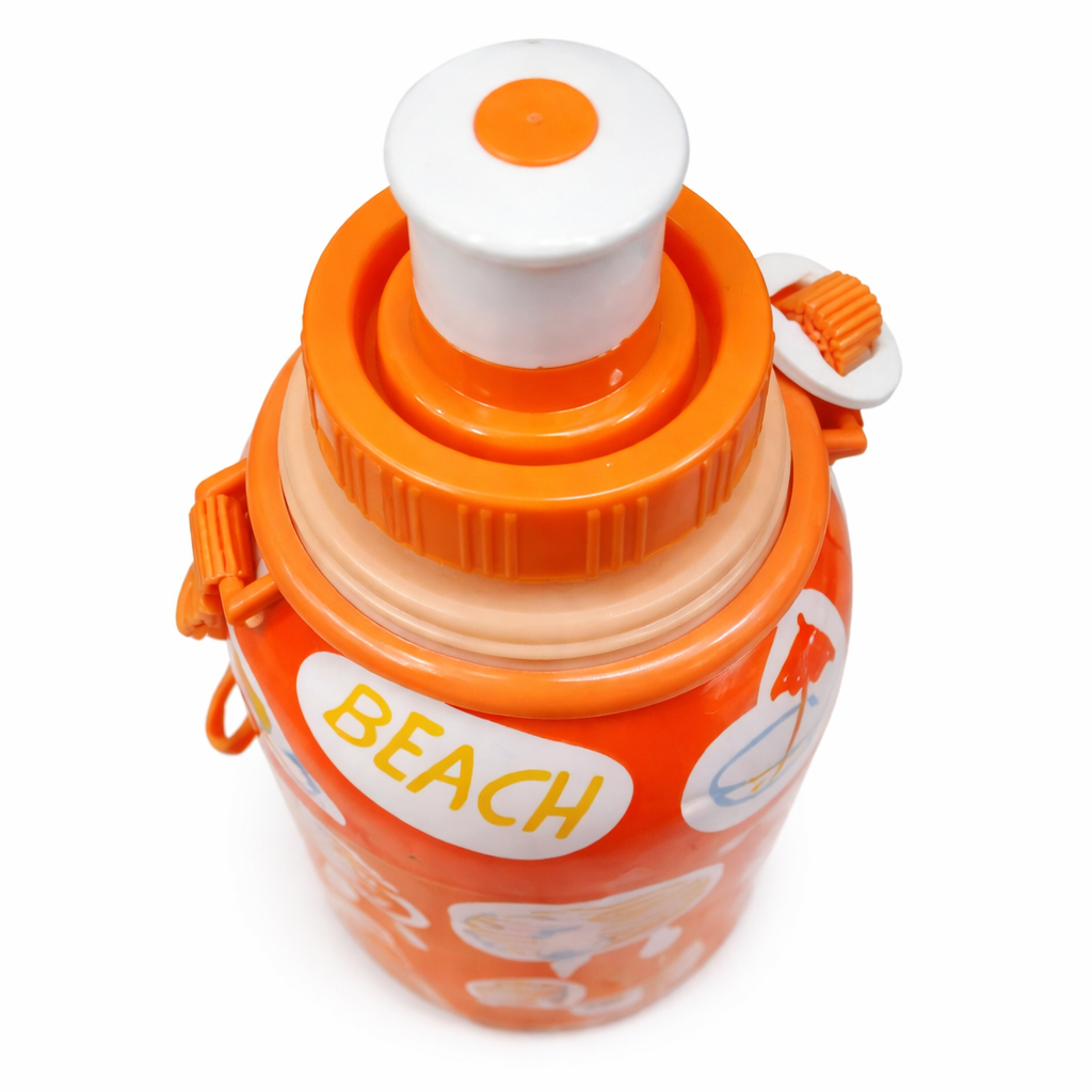 Orange Kids Water Bottle with Fun Cartoon Print and Carry Strap