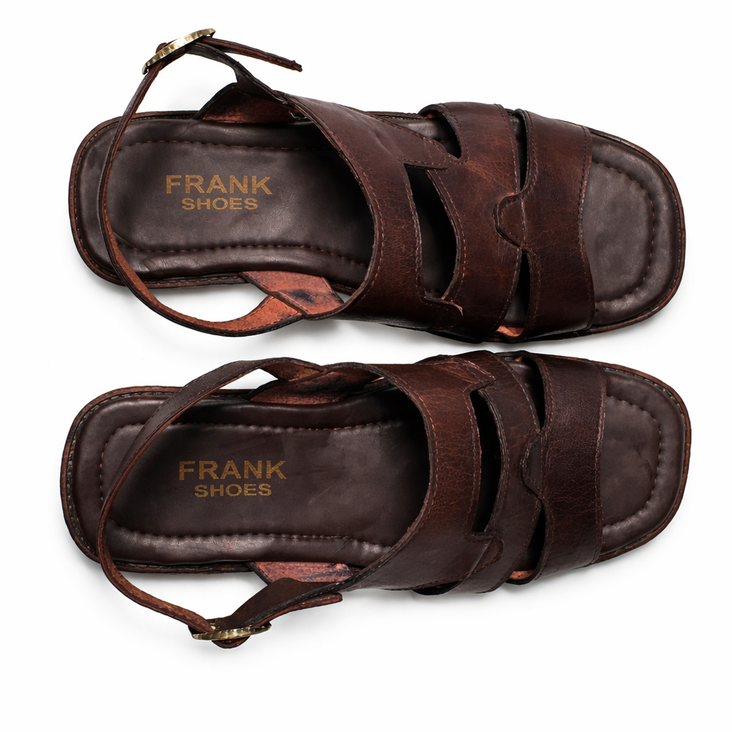 Mens Brown Leather Strap Sandals with Buckle Closure