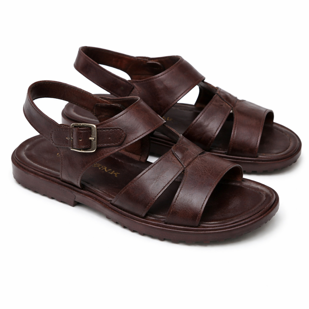 Mens Brown Leather Strap Sandals with Buckle Closure