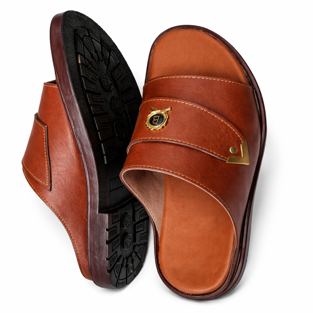 Quality Men Brown Classic Leather Slide Sandals