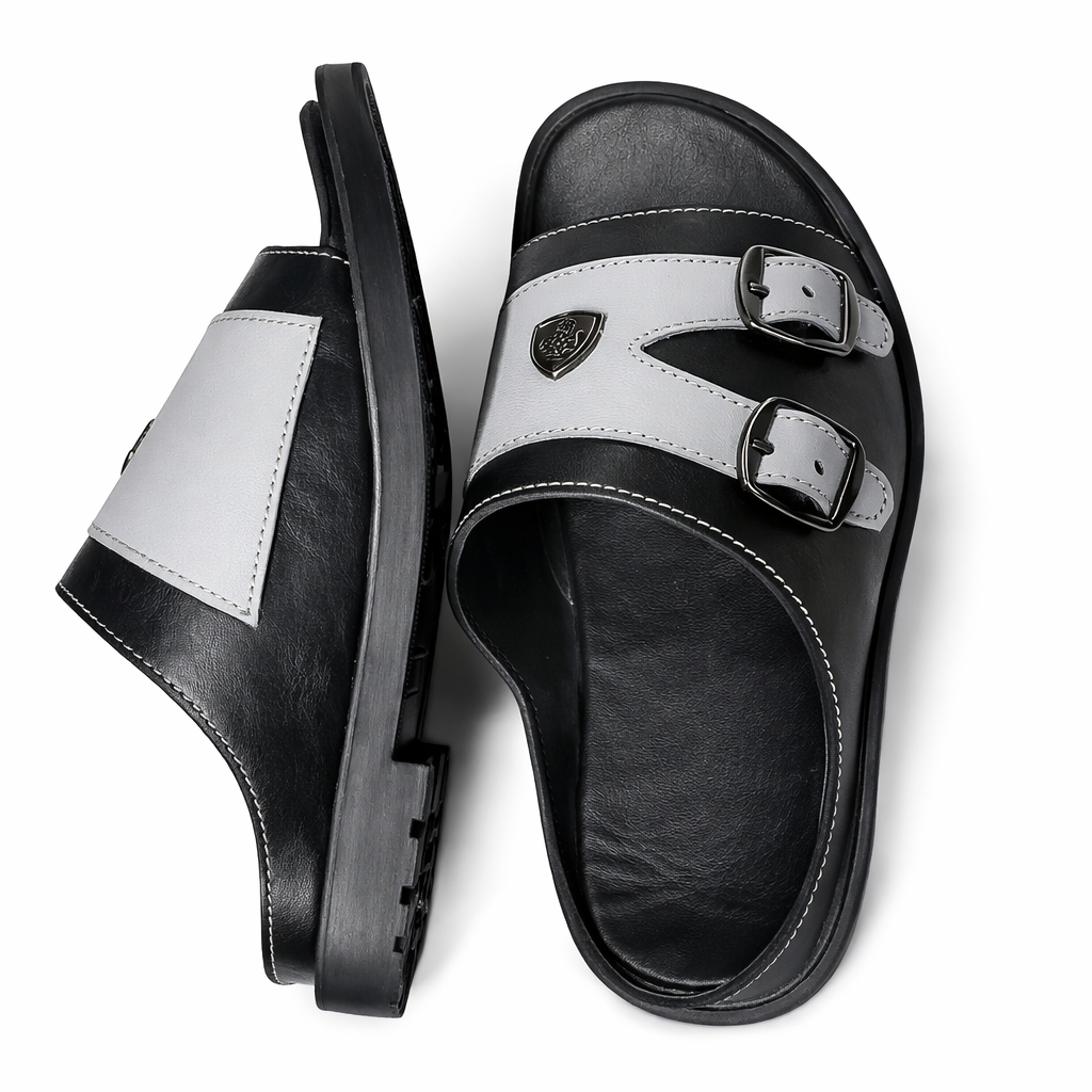 Quality Men Dual Buckle Leather Slide Sandals