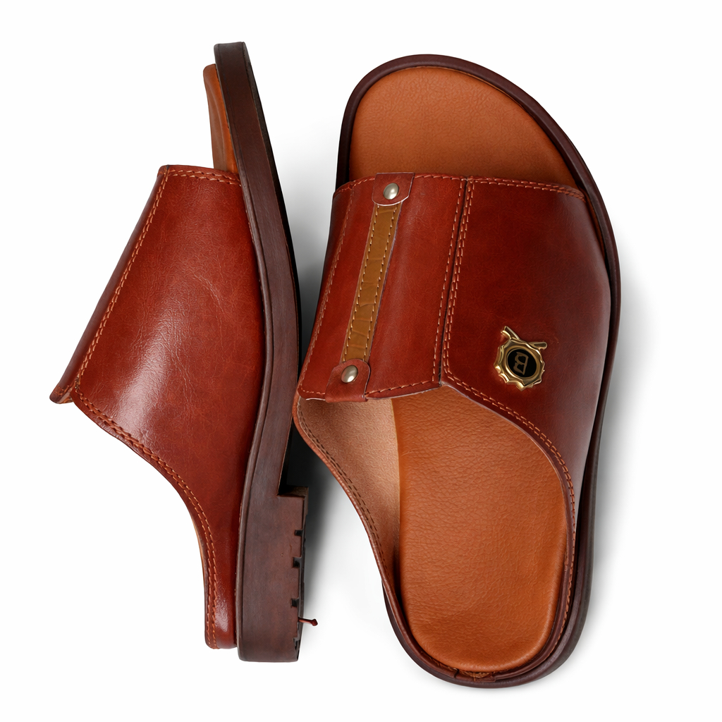 Quality Men Brown Leather Slide Sandals with Cushioned Sole