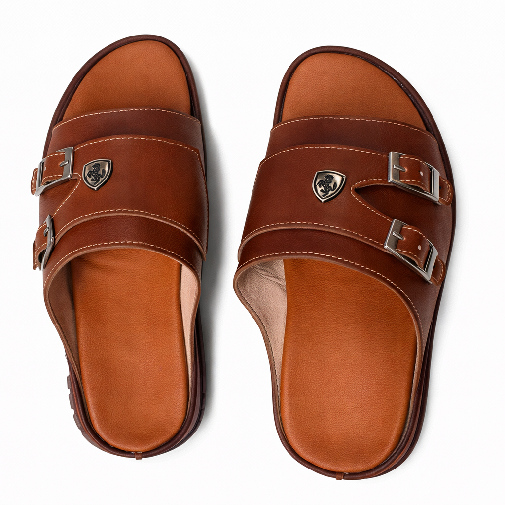 Quality Tan Men Double Strap Leather Slide Sandals with Buckles