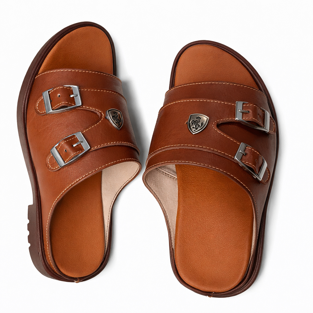 Quality Tan Men Double Strap Leather Slide Sandals with Buckles