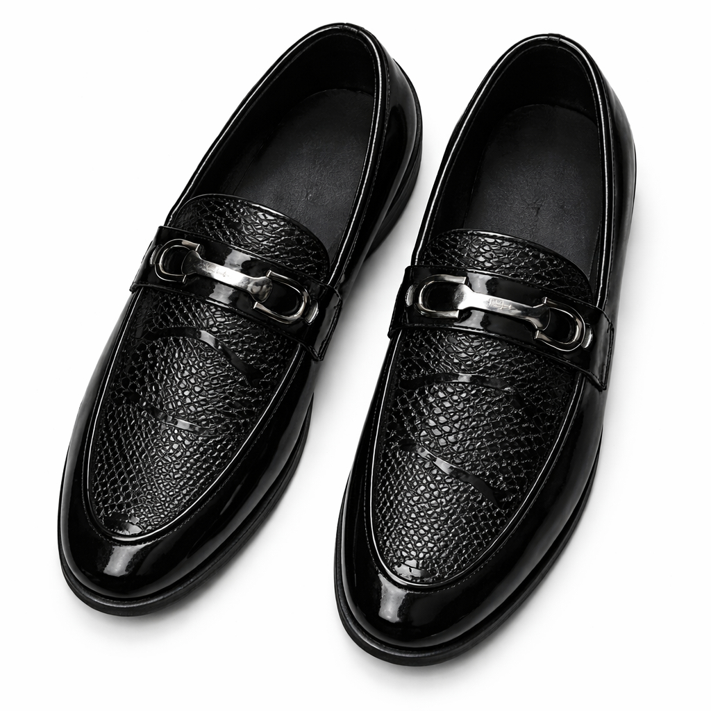 Mens Glossy Black Textured Slip On Loafers with Metal Bit