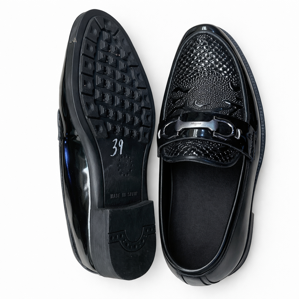 Mens Glossy Black Textured Slip On Loafers with Metal Bit