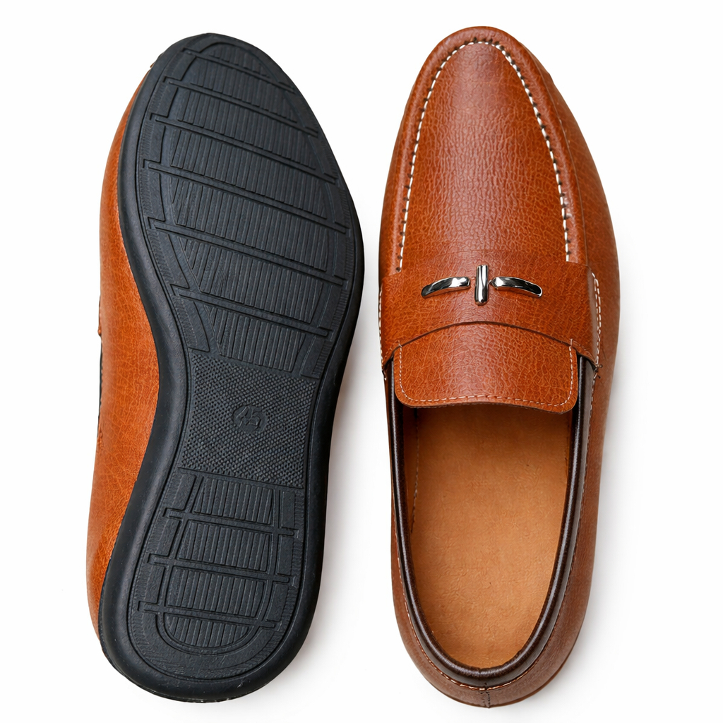 Mens Brown Slip On Leather Loafers with Metal Accent