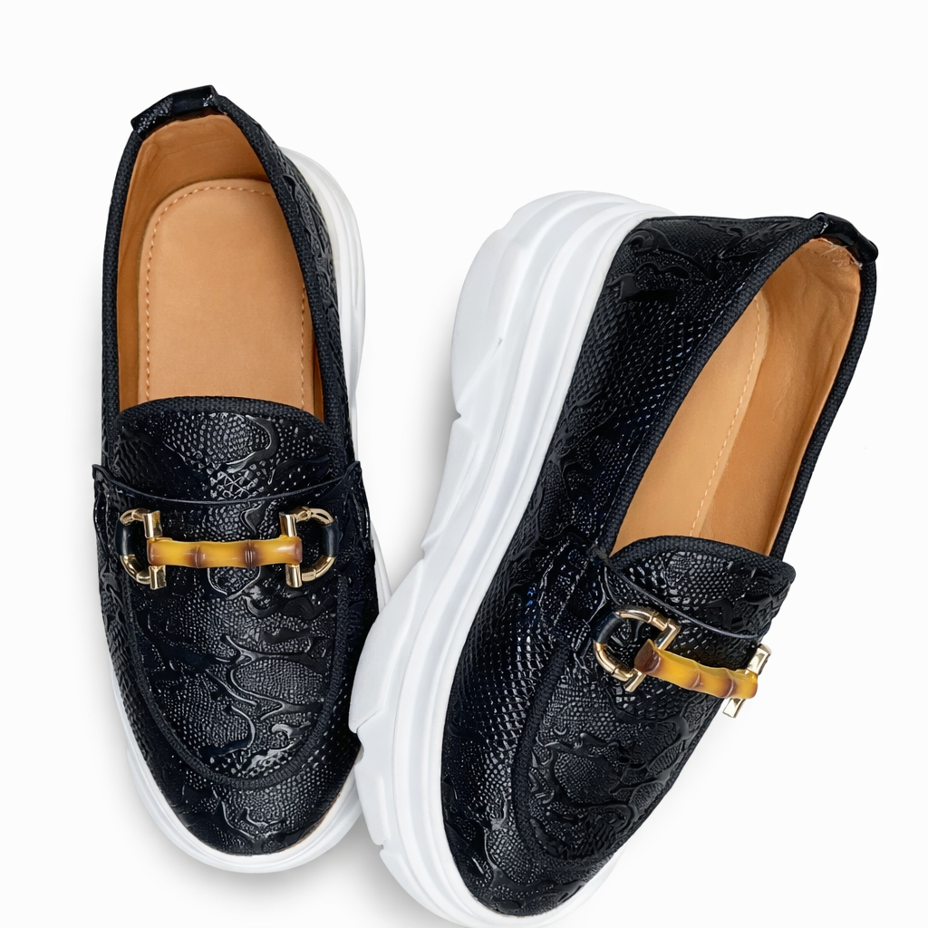 Mens Black Textured Slip On Loafers with White Sole