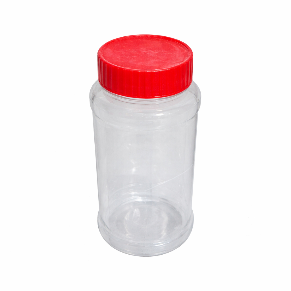 Clear Plastic Storage Jar with Red Lid