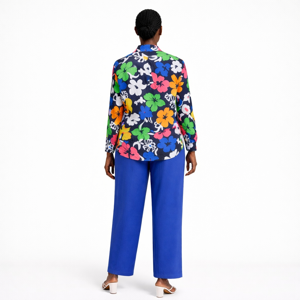 Womens Multicolor Floral Button Down Shirt and Blue Skirt Set