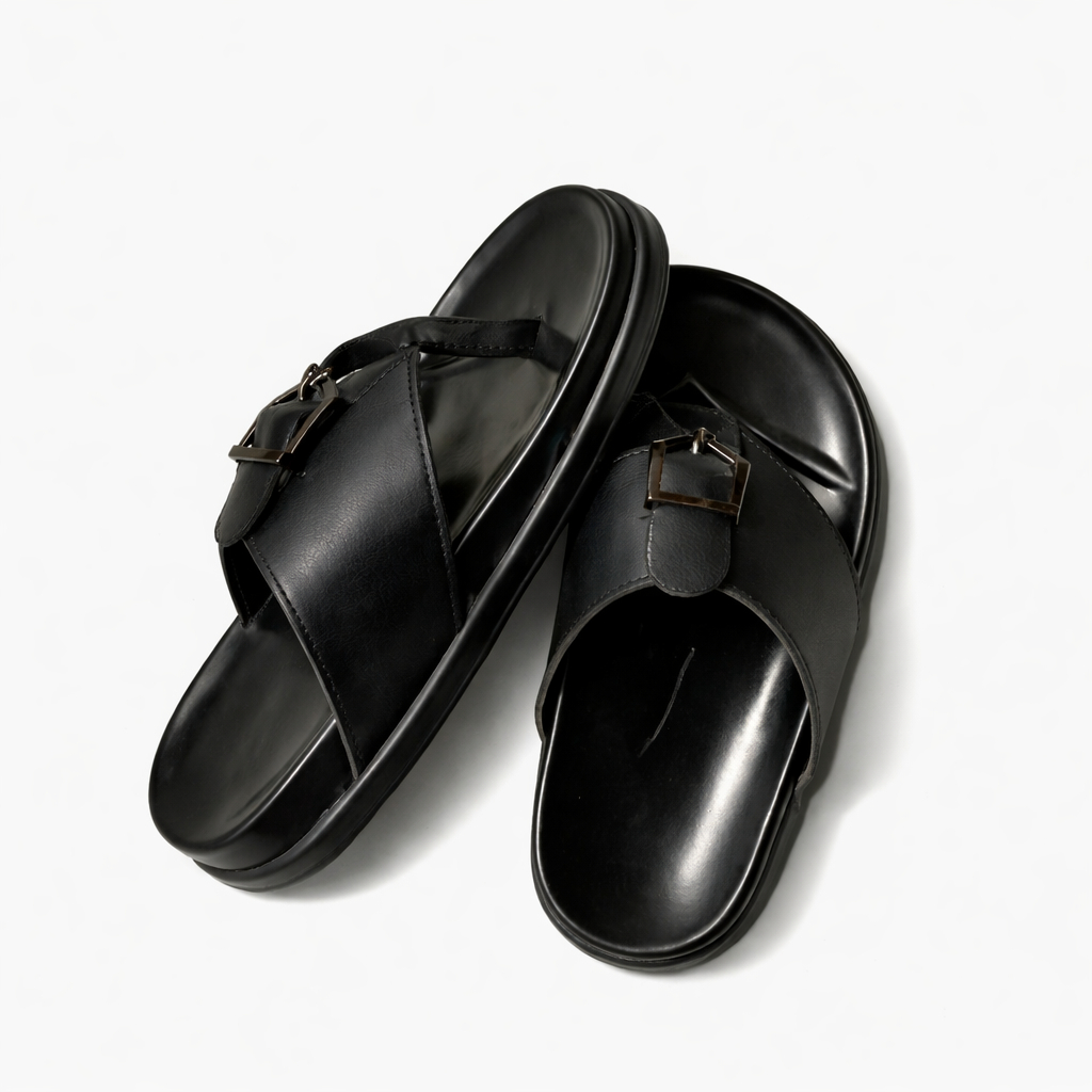 Mens Black Open Toe Slide Sandals
