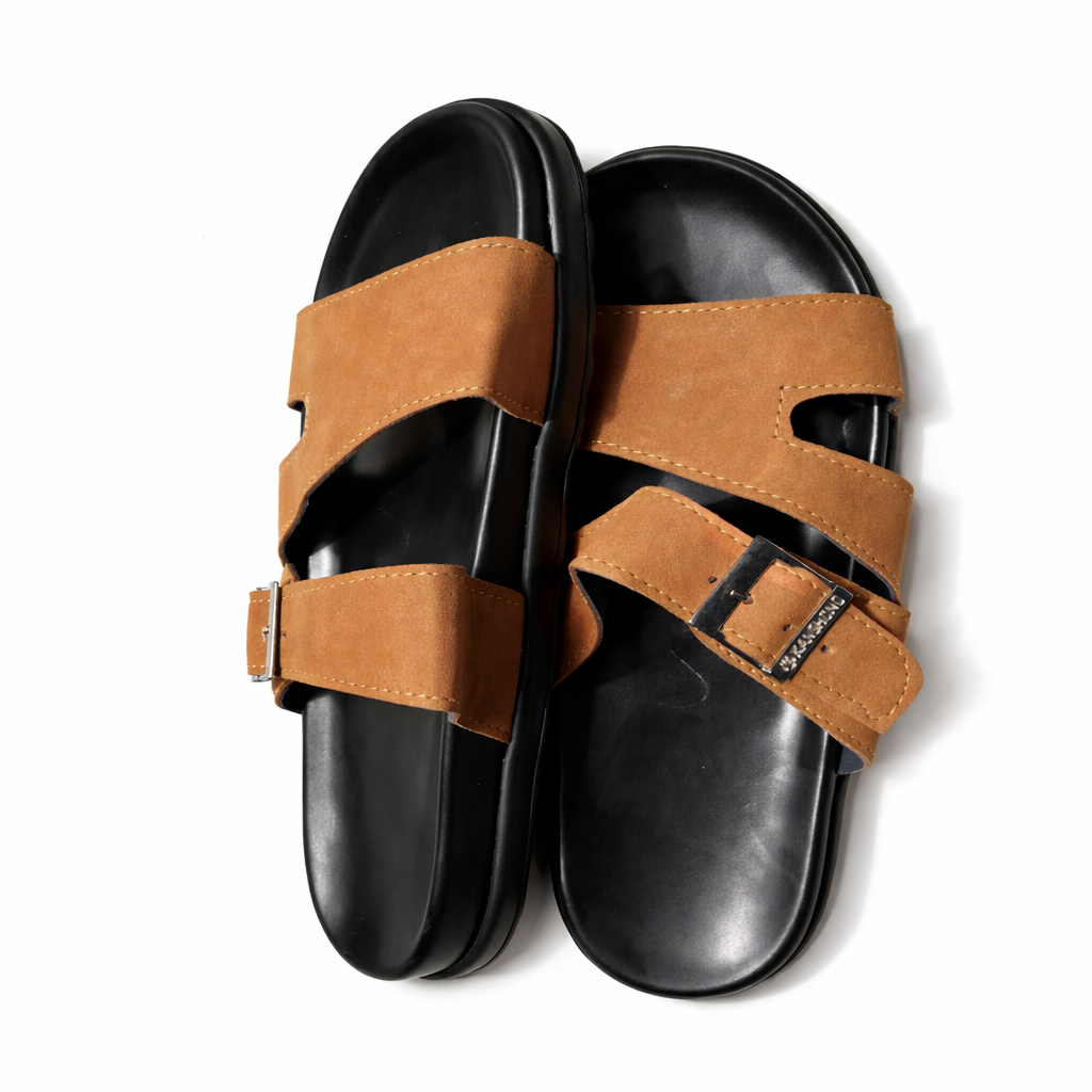 Mens Brown Strap Slide Sandals with Buckle