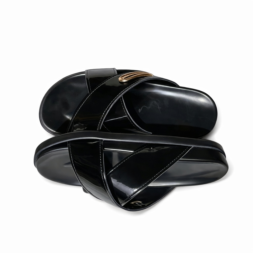 Glossy Black Cross Strap Slide Sandals