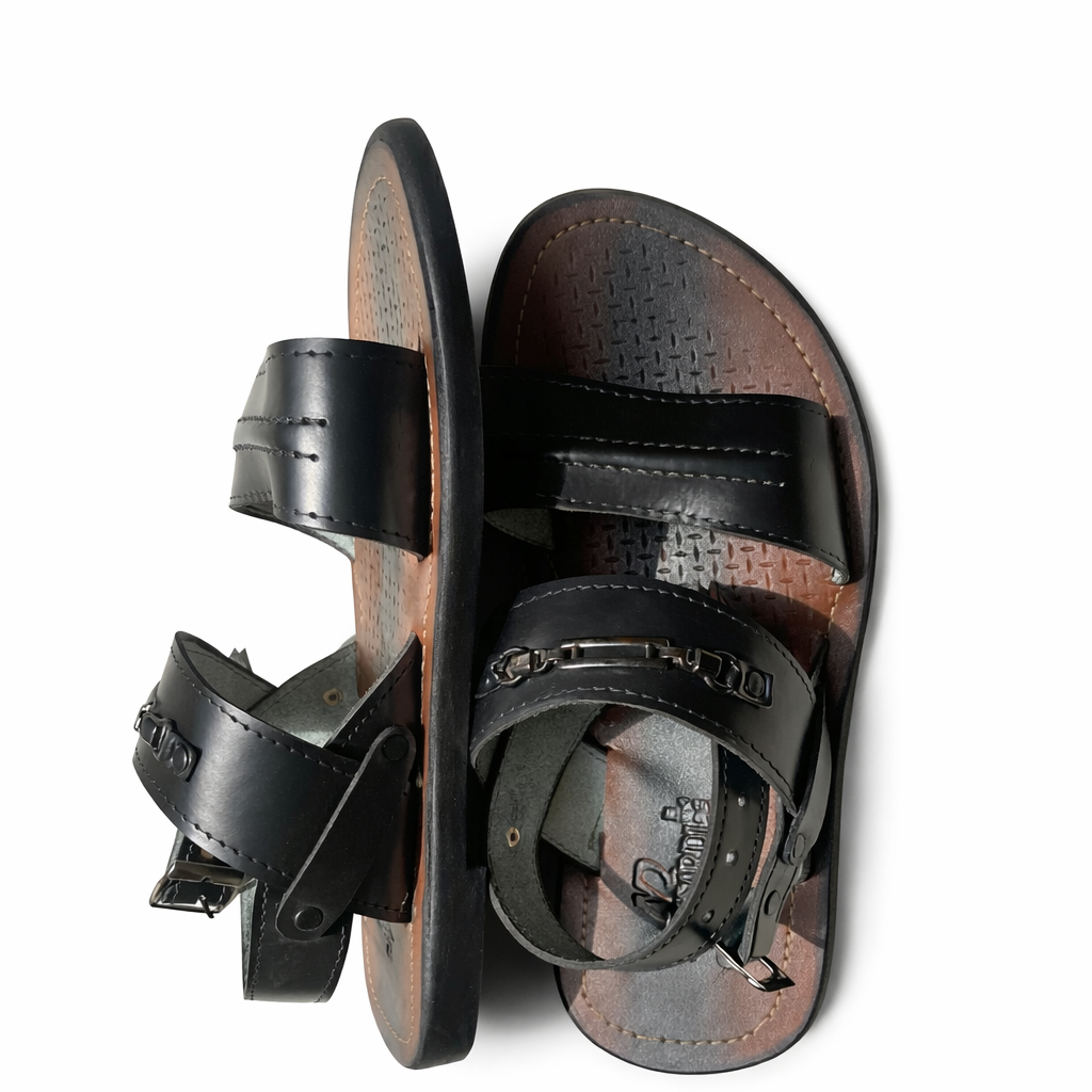 Mens Leather Double Strap Sandals with Ankle Buckle