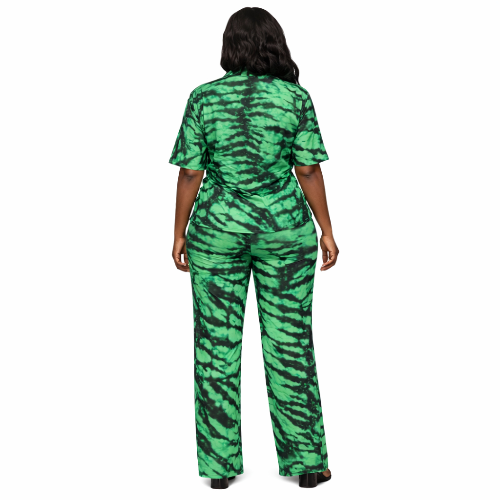 Women Green Abstract Print Two Piece Shirt and Trouser Set