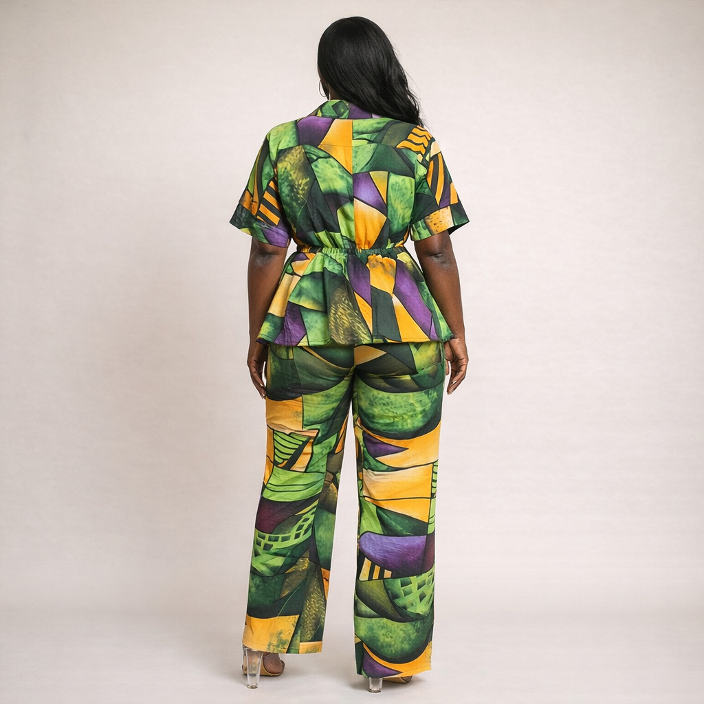 Women Printed Two Piece Short Sleeve Top and Trouser Set