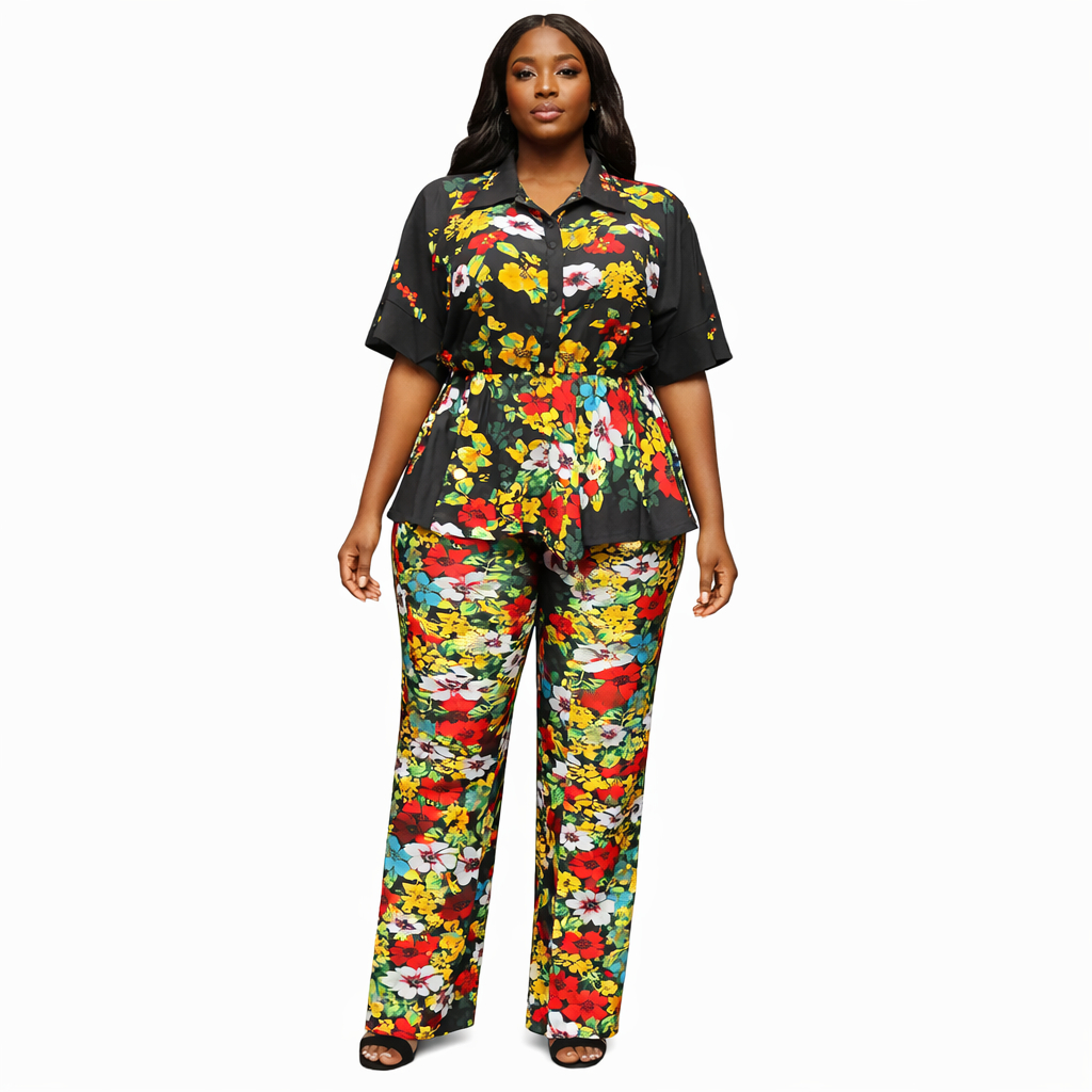 Women Floral Two Piece Peplum Top and Trouser Set