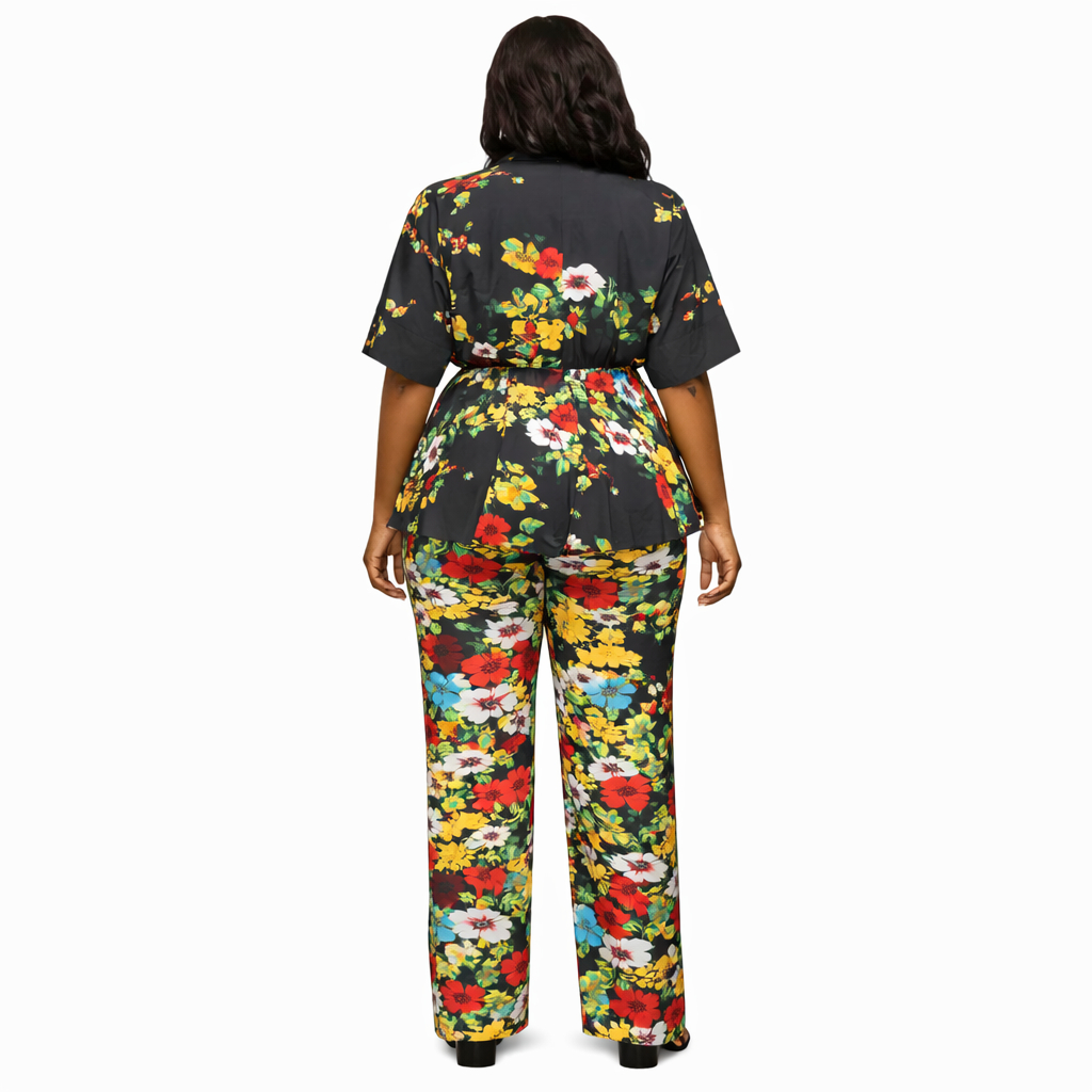 Women Floral Two Piece Peplum Top and Trouser Set