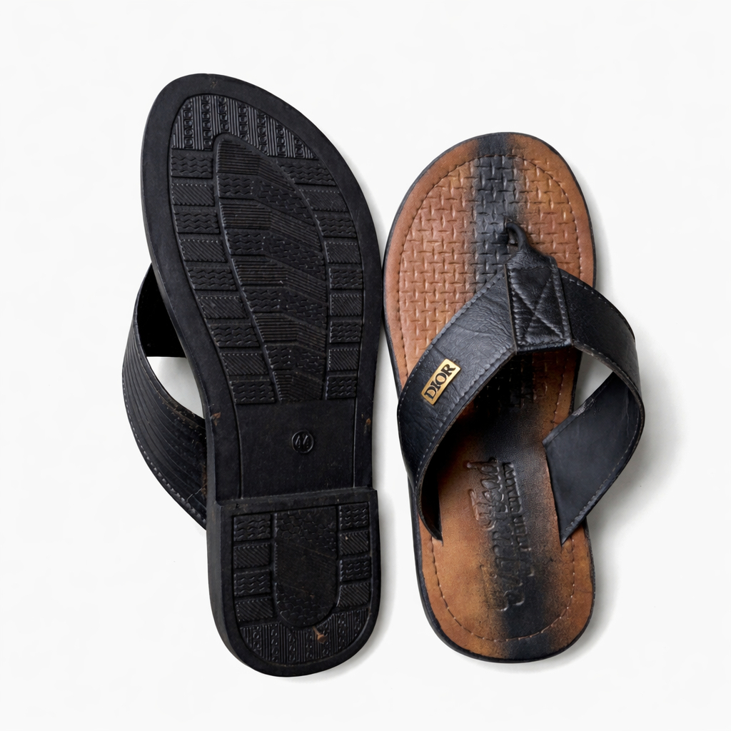 Mens Textured Footbed Leather Slide Sandals