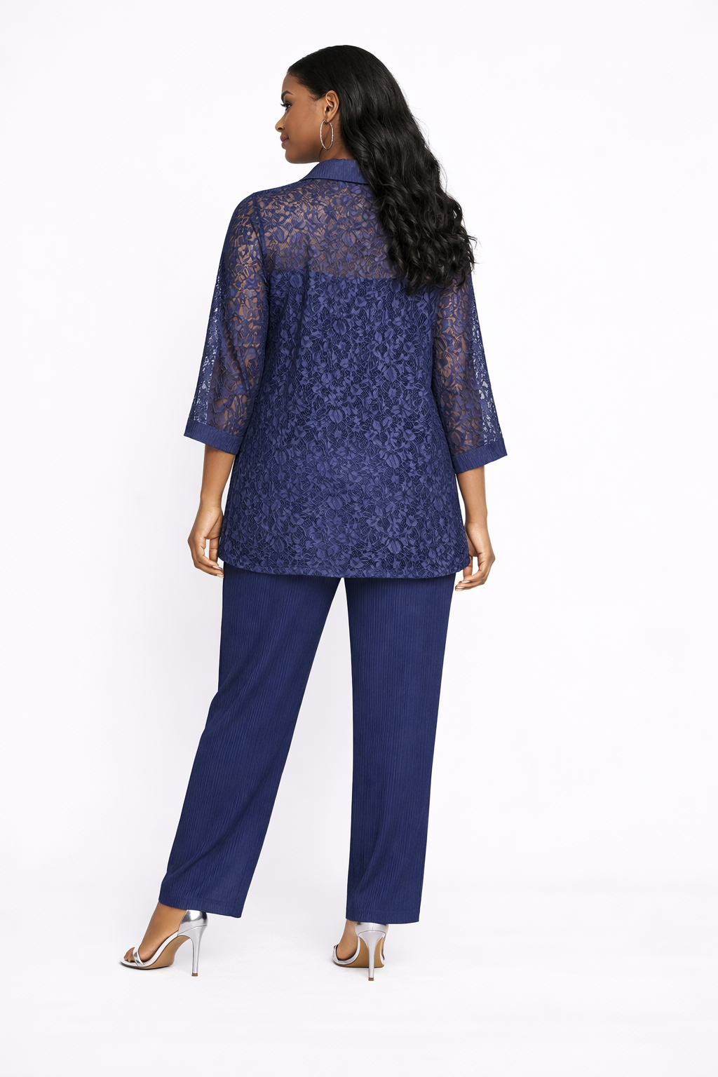 Elegant Women Sheer Lace Long Sleeve Button Up Top and Trousers Set