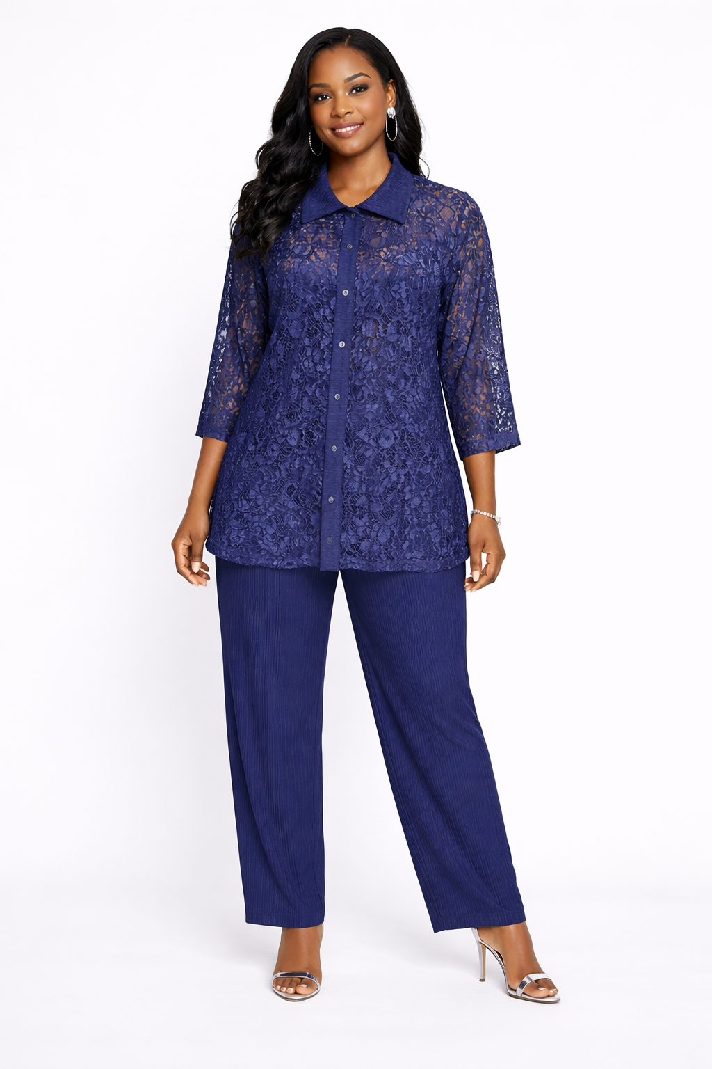 Elegant Women Sheer Lace Long Sleeve Button Up Top and Trousers Set