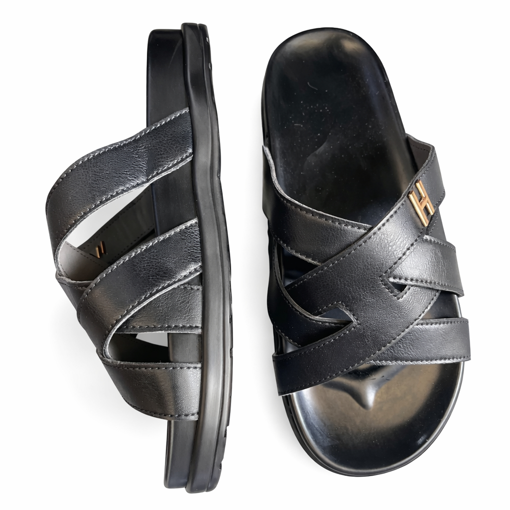 Quality Men Black Cross Strap Slip On Sandal