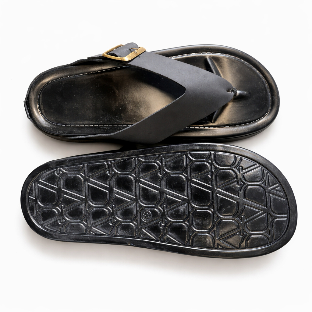 Quality Men Black Toe Post Slide Sandals with Adjustable Strap