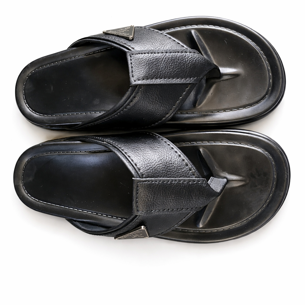 Mens Black Leather Cross Strap Slide Sandals