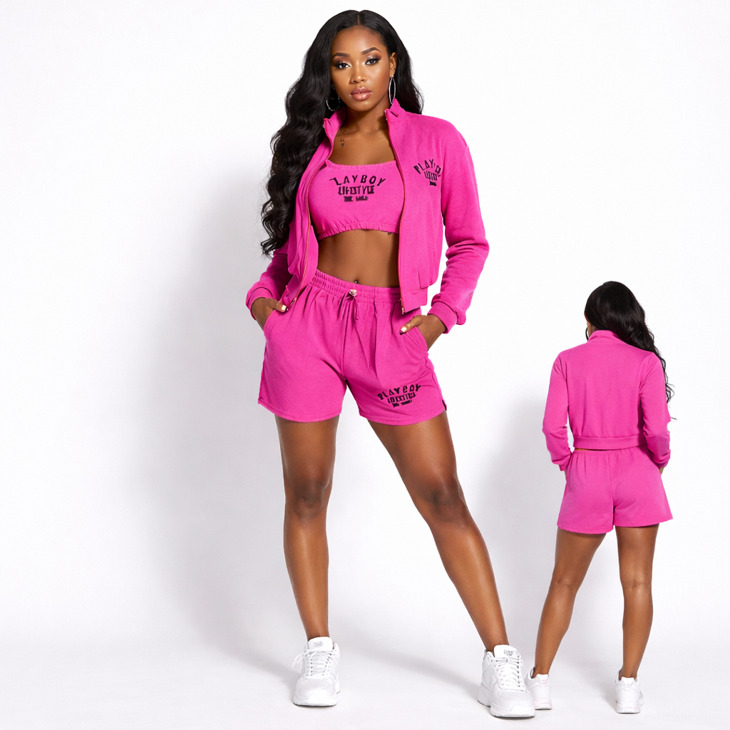 Womens Textured Three Piece Lounge Set with Zip Jacket