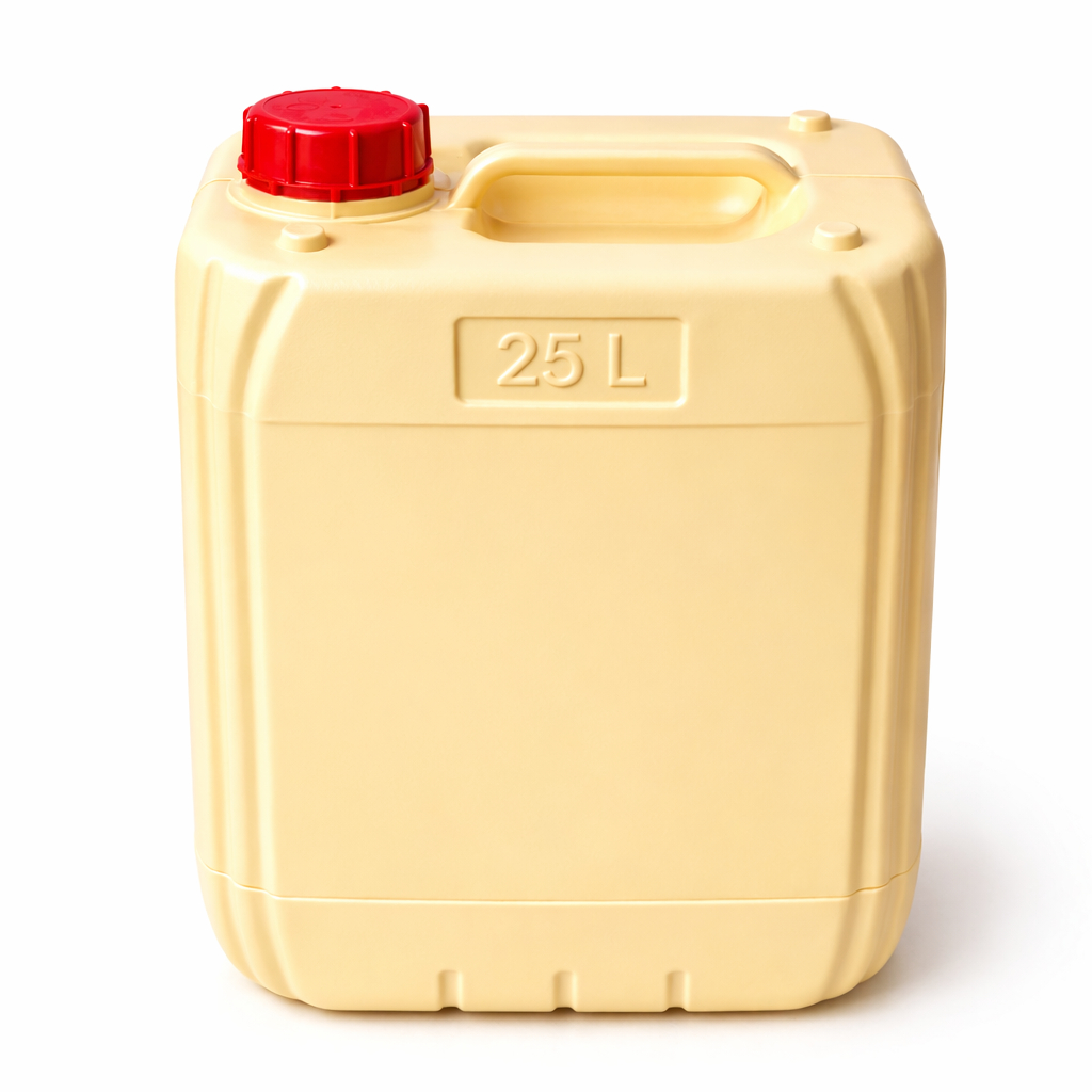 25 Liter Yellow Plastic Jerry Can with Red Screw On Cap
